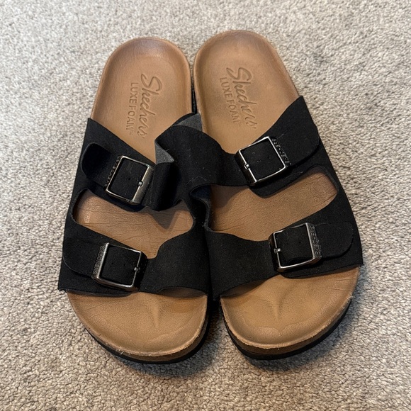 Skechers Black Luxe Foam Double Strap Sandals Size 8 - Picture 1 of 4
